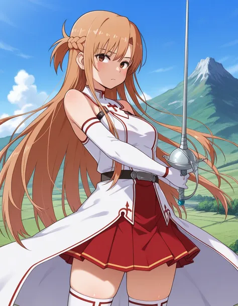 masterpiece, best quality, amazing quality, very aesthetic, absurdres, newest, scenery, 1girl, solo, asuna_torajiro, asuna (SAO), long hair, bangs, brown hair, brown eyes, very long hair, braid, white dress, red skirt, thighhighs, elbow gloves, bare should...