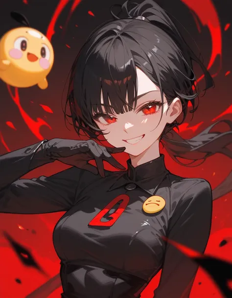 girl, black hair, thin hair, slightly white, in red eyes , pretty short hair , long ponytail, Evil , Black Dress with Long Sleeves Closure, Chestnut-sized,, the black long-sleeved shirt , Black Glove , Smiley Smile,