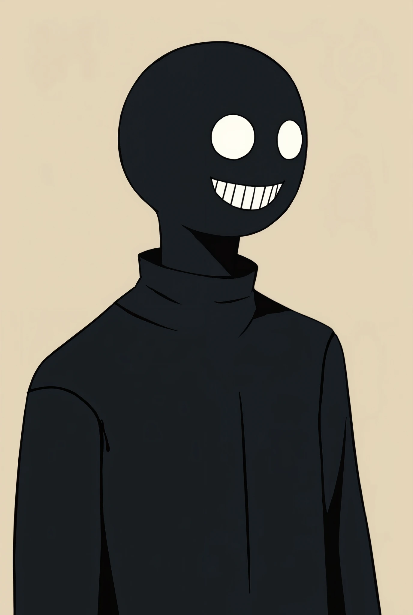 Create a cartoon-style cartoon of a man in a black blouse and a black mask with two white eyes and a white smile, The mask must cover the entire face and must be round