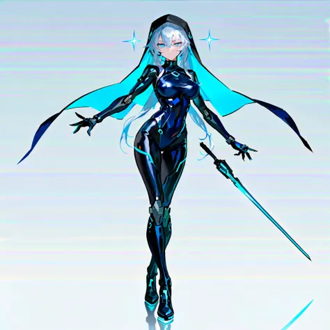 anime style, cyber ninja girl, solo, long hair, silver hair, Head covered with a cyber veil, cyber long coat, turquoise blue eyes, full body, looking at viewer,++,✌++, (masterpiece, best quality, illustration)++, beautiful detailed girl, ultra-detailed++, ...