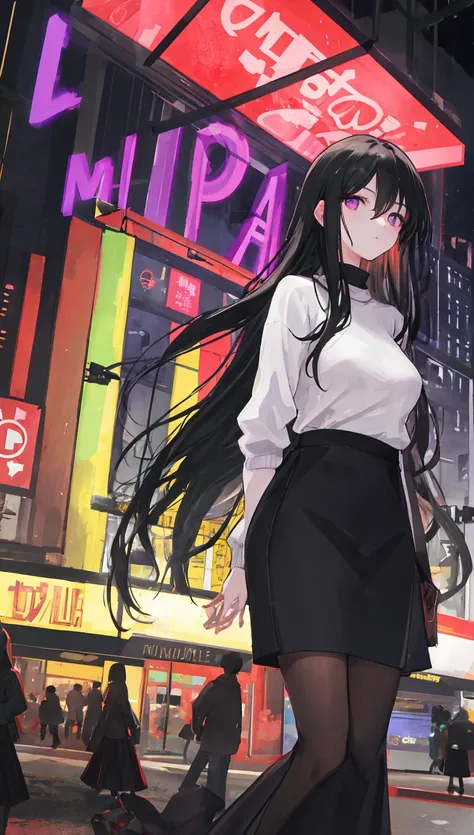 Stylish Night Street Background, Neon, Street, (Very Long Hair:1.25), Litle Greenish Black Hair, Bright Purple Eyes, (Mature:1.2), Medium Tits, 8 Head, Slender, Black Turtleneck Sweater, (Long Skirt:1.25), Dark Red Skirt, Glossy, Looking For Audience, LowA...