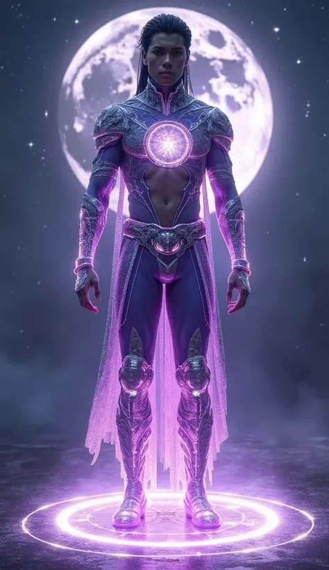 Full body photorealistic handsome hunky young slender futuristic Atlantean male hero with black hair wearing a Violet micro scale textured costume and lunar armor ., with embosed moon print on the front of the chest,,,, and wristbands that  manipulate ener...