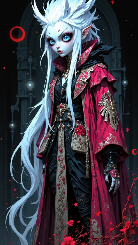 Brilliant comics, long white hair, fancy clothes, big eyes, abstract style, dark background, elongated body, surreal, artistic, 2D animation style.
