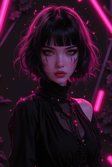 ( best quality, outline:1.2),realistic,illustrator,anime,1 girl, Detailed lips, black dress8,custom, (monochrome dark background),neon hair,textured cut, obra de until, classic retro style, dark black, until, outline book, (black bob hair:1.75 neon :1.32),...