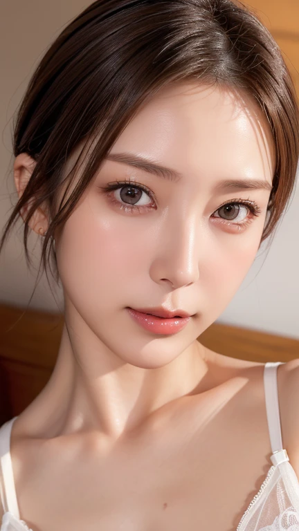  1 woman,32K, mature woman, Masterpiece,RAW photo, slim slender, is present, adult sex appeal,(Ultra short hair),( medium chest ), Japanese,(( face close-up:1.2)),(( face where underwear is visible)), beautiful skin, beautiful face, detailed face, detailed...