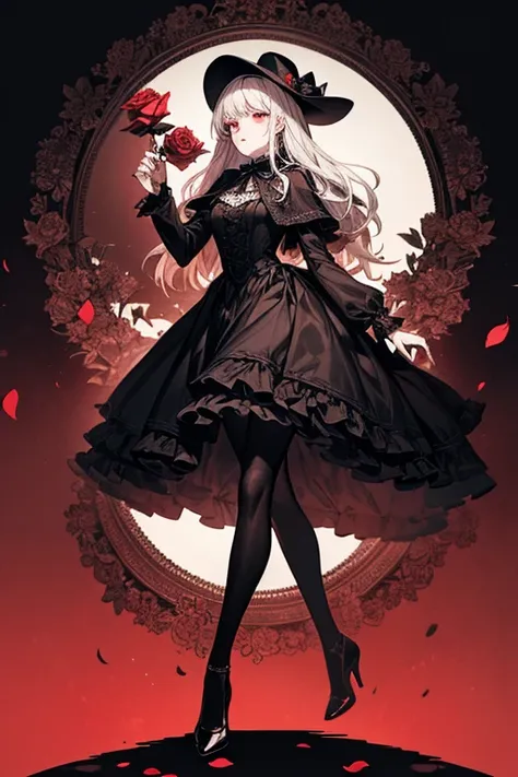 Two women in exquisite gothic lolita fashion stand side by side, their full-body poses exuding a dark and elegant aura. The first woman has long, flowing black hair adorned with a black headwear and a large bow, her bangs framing her face as she gazes dire...