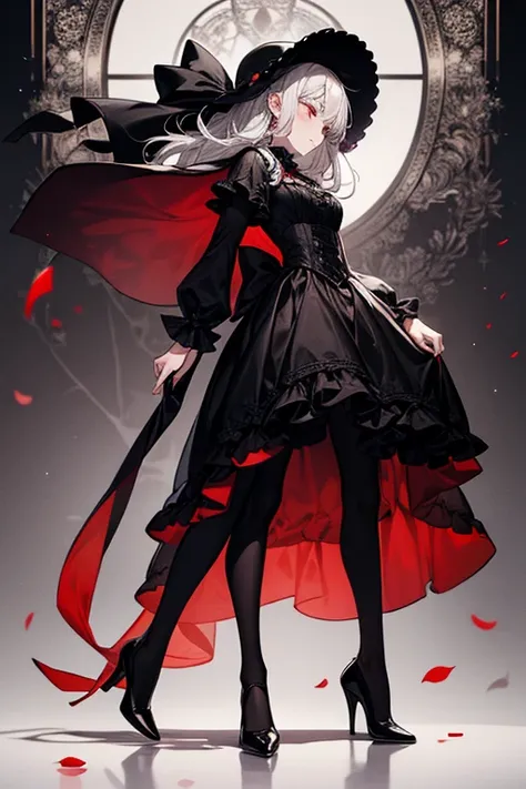 Two women in exquisite gothic lolita fashion stand side by side, their full-body poses exuding a dark and elegant aura. The first woman has long, flowing black hair adorned with a black headwear and a large bow, her bangs framing her face as she gazes dire...