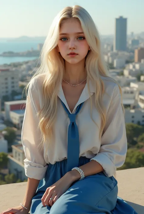  girl, 19 year old, very pale white skin, very long light blounde hair, Hair length reaches the waist, small hazel eyes, wearing white shirt, blue necktie, pearl bracelet, blue skirt, sitting at Tel Aviv