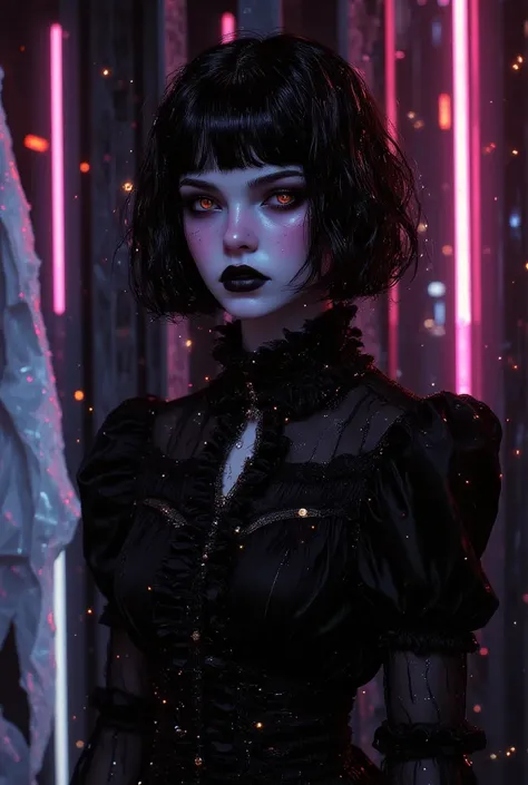 ( best quality, outline:1.2),realistic,illustrator,anime,1 girl, Detailed lips, black dress8,custom, (monochrome dark background),neon hair,textured cut, obra de until, classic retro style, dark black, until, outline book, (black bob hair:1.75 neon :1.32),...