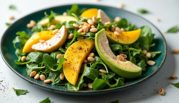 The image shows a brightly colored salad arranged on a dark green plate that contrasts with the colors of the ingredients. The salad is a mix of fresh arugula, which provides a peppery flavor and a rich green color. Tender slices of chicken breast are scat...