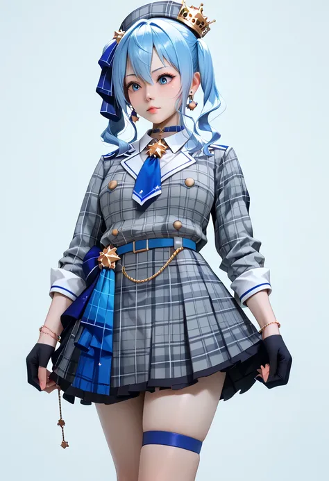  solo,  futanari,  HoshimachiSuisei, side ponytail, blue hair ribbon,SuiseiBase, side ponytail, plaid beret, crown, blue star choker, star earrings, blue ascot, grey plaid jacket, grey plaid skirt, layered skirt, partially fingerless gloves, star bracelet,...