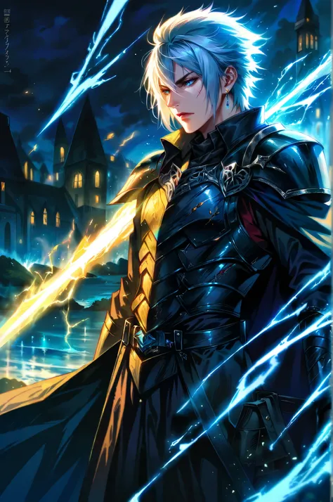 ultra detailed, HDR,  Ultra Realistic, absurdities,  highres,  masterpiece, Noctis lucius Caelum , Warrior in black armor, ornate. Use a yellow lightning sword that has the power of light magic, aura of light.  He wears a cape that flows like shadows ,  st...