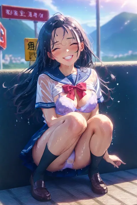  Ultra HD、16k、bus stop、 after rain、Sunset、Inspiring landscapes、A hill with a view of the city、 high school girl、uniform、wet blouse、See-through、ribbon、Light purple bra、 panties、 black high socks、 black hair、 long hair、 wet hair、 side blade 、 braided 、Mole o...