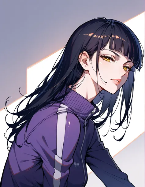 Artwork,,,,back view,adult female,single woman,alone,dark black hair,long straight hair,long hair,short blunt bangs,golden and orange eyes,half closed eyes,introverted smile,full lips,lip balm,expressionless,pale skin,medium breast,dark purple tracksuit,wh...