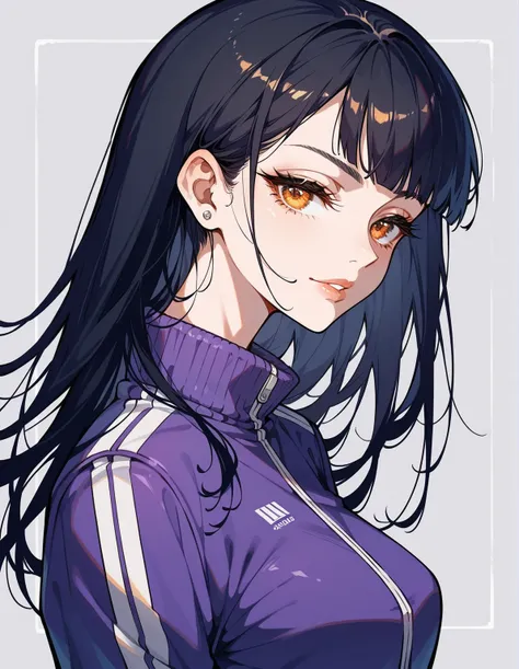 Artwork,,,,back view,adult female,single woman,alone,dark black hair,long straight hair,long hair,short blunt bangs,golden and orange eyes,half closed eyes,introverted smile,full lips,lip balm,expressionless,pale skin,medium breast,dark purple tracksuit,wh...