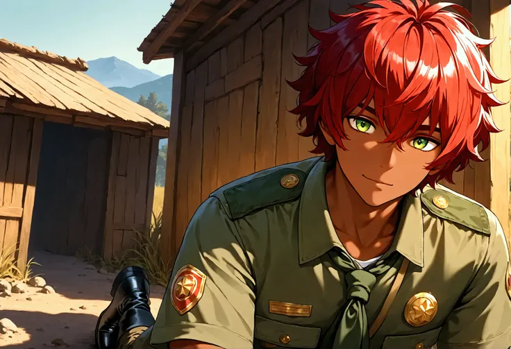 1boy, solo, shine dark skin, red hair, short messy hair, boy scout uniform, green eyes, dirt street, wooden buildings, rural, masterpiece, best quality, cinematic lighting, black boots, focus on male