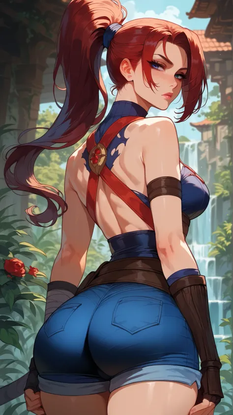 Psylocke style ,  perfect eyes,  perfectly sexy face , ultra detailed,  ultra perfect eyes, hair tied like a ponytail ,  big beautiful woman ,  rear view , dark blue shorts, Body,  Looking at the viewer ,