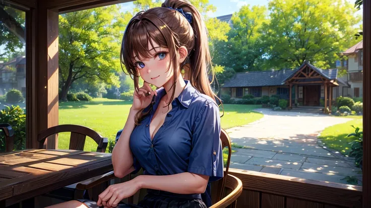 1girl, summer, trees, house, fantasy landscape, water, light brown hair, long hair, ponytail, large full breasts, dark blue eyes, ((blue shirt)), ((short sleeved shirt)), ((unbuttoned shirt)), ((unbuttoning shirt)), (cleavage), ((skirt)), smile, laugh, loo...