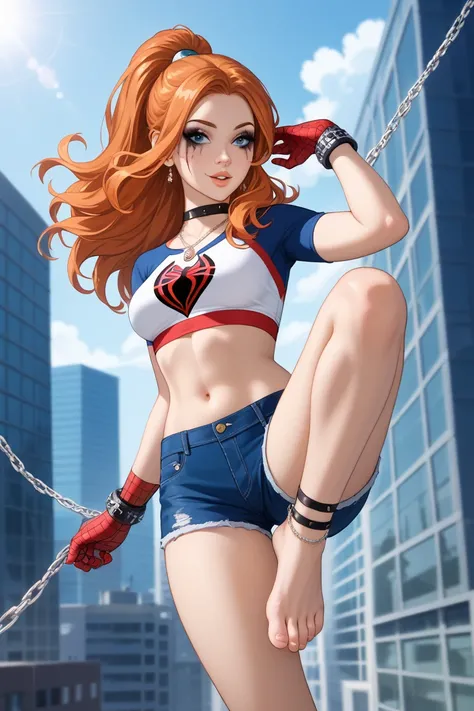 For a Spider-Man-inspired outfit for Orihime Inoue, keeping her navel and bare feet exposed, here’s a sleek and dynamic design that embraces the Spider-Man aesthetic while making it uniquely hers:

Top:

Cropped red and blue webbed top: A form-fitting red ...