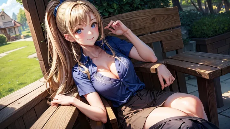 1girl, summer, trees, house, fantasy landscape, water, light brown hair, long hair, ponytail, large full breasts, dark blue eyes, ((blue shirt)), ((short sleeved shirt)), ((unbuttoned shirt)), ((unbuttoning shirt)), (cleavage), ((skirt)), smile, laugh, loo...