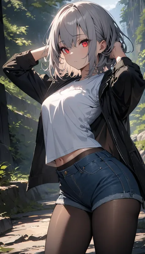 (( Masterpiece)), (( top quality)),  extremely detailed outdoors face, (( extremely detailed outdoors)),  perfect lighting, Best pose,
 Handsome girl, Alone,  gray hair ,   medium hair ,  with red eyes, bright eyes,
Black Midriff Jacket,, shirt,  denim sho...