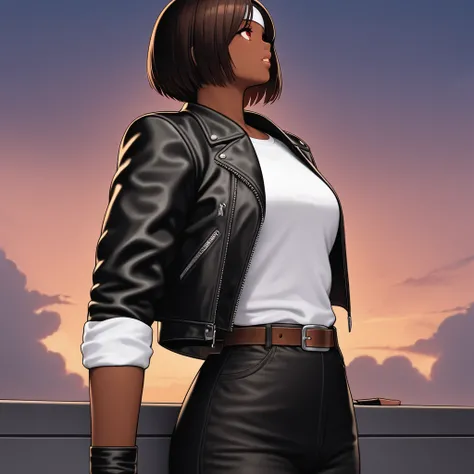 Masterpiece, Top Quality, Detail XL, 1girl, Solo, Side View, Looking Up, Twilight Sky, Clouds, Dark Hair, Short Cut, Red Eyes, Parted Lips, Brown Skin, Medium Chest, ((black leather jacket with rolled up sleeves)), black fingerless gloves, white T-shirt, (...