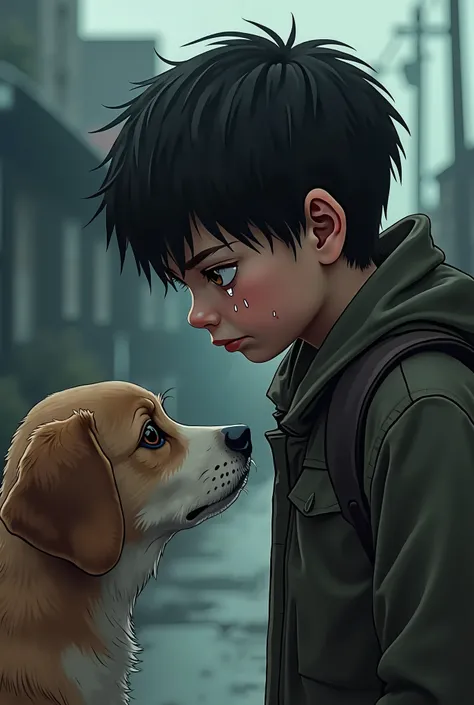 A boy crying see a dog 