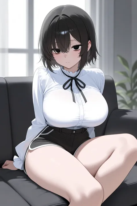 A dark-haired and dark-eyed girl with big boobs and ass, wearing a white blouse and black shorts sitting on the couch with a slightly blushed face