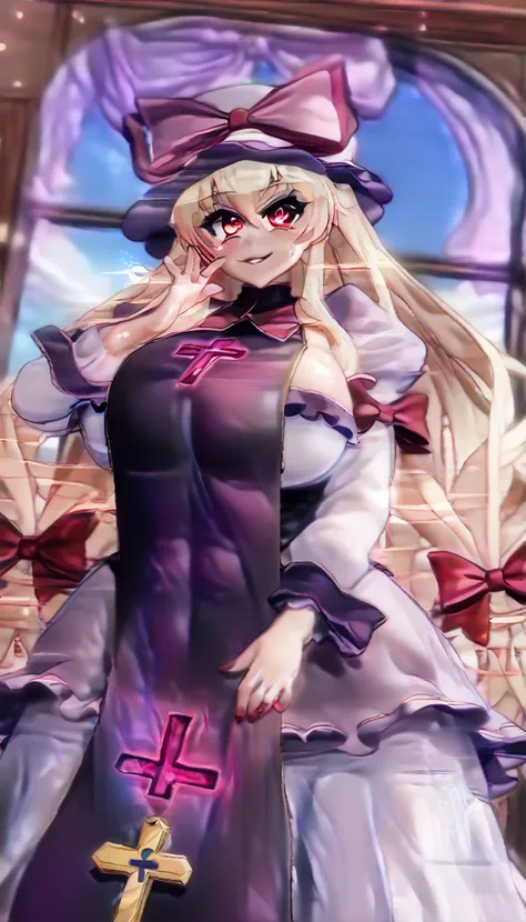  top quality,  Masterpiece,  high definition ,  alone, {yakumo_Connection_East:1.15}, blondes_hair, ribbon, , length_hair, pain_  cap, _ribbon, red_ribbon, smile, white_ hat , 前hair, bow, Chest,  purple  _eye, hair_Shiny colorful swimsuit taken from just b...