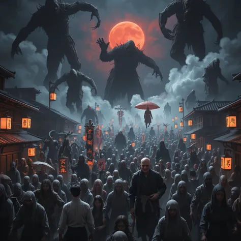 A massive parade of countless Japanese yokai marching through a foggy, eerie night. The scene is densely packed with yokai such as Nurarihyon (an old, bald-headed yokai with a mysterious grin), Karakasa Obake (a one-legged umbrella ghost with a large singl...