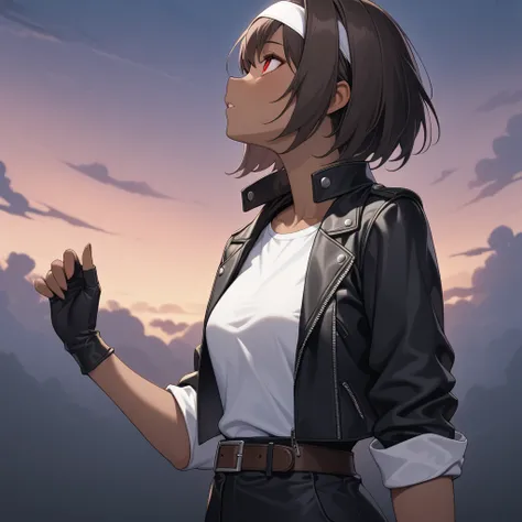 Masterpiece, Top Quality, Detail XL, 1girl, Solo, Side View, Looking Up, Twilight Sky, Clouds, Dark Hair, Short Cut, Red Eyes, Parted Lips, Brown Skin, Medium Chest, ((black leather jacket with rolled up sleeves)), black fingerless gloves, white T-shirt, (...