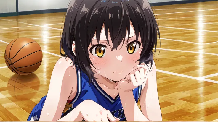     top quality   ,    cute,    girl, short hair,  basketball,sweat, white skin, Whitening , Beautiful skin,  high resolution,  accurate,   Masterpiece,   top quality ,   very detailed, golden eyes, dribble, high resolution,  ultra high definition, 