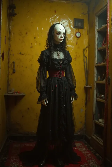 full length view. Dark, Creepy Horror (High Quality v3, (Ultra-HD details), White faceless female mannequin with X-eyes and fanged creepy smile sewn on) evil but beautiful face, glossy dark cherry yellow hellish look, frighteningly beautiful expressive loo...