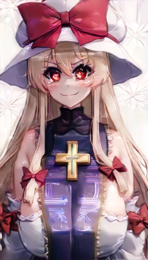  top quality ,  Masterpiece,  high definition ,  alone, {yakumo_Connection_East:1.15}, blondes_hair, ribbon, , length_hair, pain_  cap, _ribbon, red_ribbon, smile, white_ hat , 前hair, bow, Chest,  purple  _eye, hair_Shiny colorful swimsuit taken from just ...