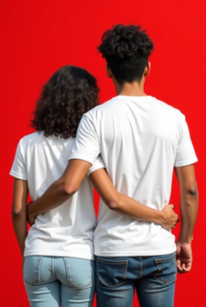 "A realistic young Latin American couple, approximately 24 years old, standing side by side and facing away from the viewer, showing their backs. Both are wearing short-sleeved, round-neck T-shirts in plain white with no logos, patterns, or designs on the ...