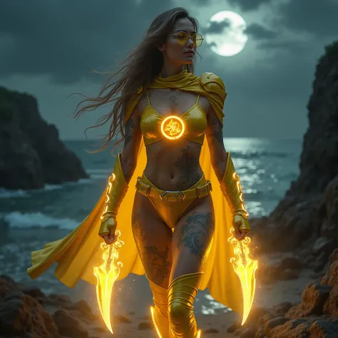 - Photorealistic with perfect details, Cinematic, Masterpiece, HD, Sexy CGI.

- Beautiful "American" woman, wearing glasses, long hair
Arms full of colorful tattoos, expressive.

- Wearing a costume ("Full Sexy Armor"), a costume that embodies the form of ...