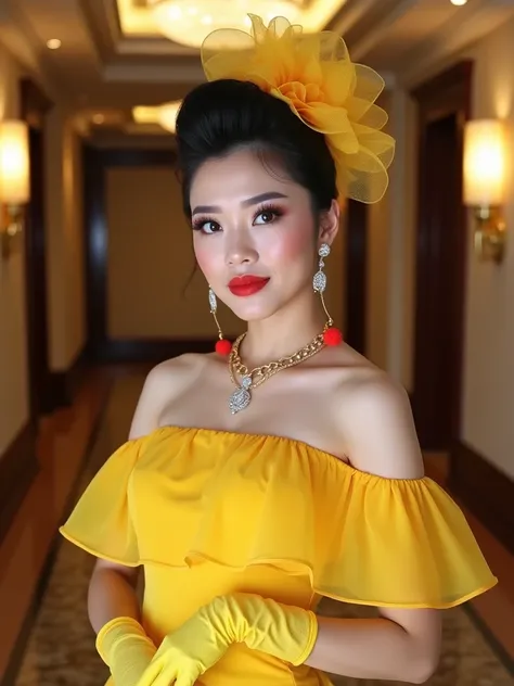 A beautiful woman of native Indonesian origin, updo ,  wears a yellow fascinator hat hair ornament,  long lashes , Black eye liner ,  Red lipstick , memakai gaun pesta bling bling mewah off the shoulder ruffle warna kuning, red small pompom earrings, gemst...