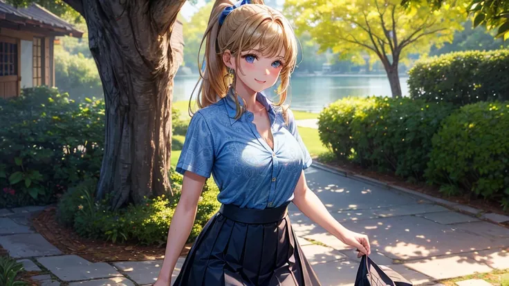 1girl, summer, trees, house, fantasy landscape, water, light brown hair, long hair, ponytail, large full breasts, dark blue eyes, ((blue pattern shirt)), ((short sleeved shirt)), ((unbuttoned shirt)), ((unbuttoning shirt)), (cleavage), ((skirt)), smile, la...