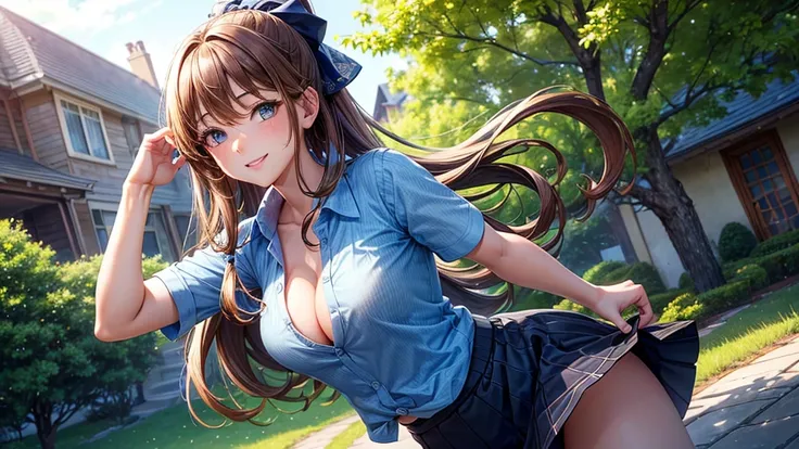 1girl, summer, trees, house, fantasy landscape, water, light brown hair, long hair, ponytail, large full breasts, dark blue eyes, ((blue pattern shirt)), ((short sleeved shirt)), ((unbuttoned shirt)), ((unbuttoning shirt)), (cleavage), ((skirt)), smile, la...