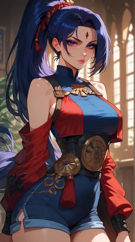 Psylocke style ,  perfect eyes,  perfectly sexy face , ultra detailed,  ultra perfect eyes, hair tied like a ponytail ,  big beautiful woman , standing, dark blue shorts, Body,  Looking at the viewer ,