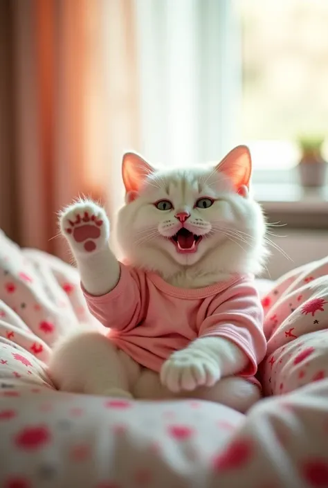 A fluffy white cat waking up in a cozy bedroom, stretching its paws while wearing a soft pink nightdress. The cat has big, sleepy eyes and a tiny yawn as the morning sunlight streams through a window with pastel curtains. The bed is covered in a plush, flo...