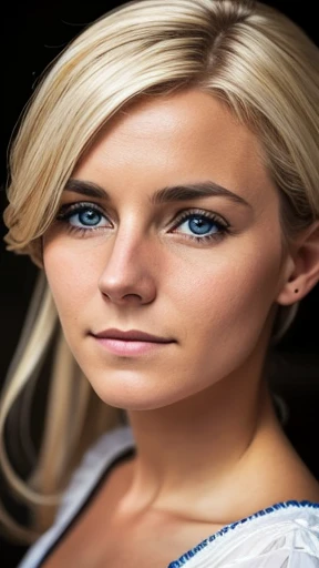  A German woman focuses on her face and photo with color 