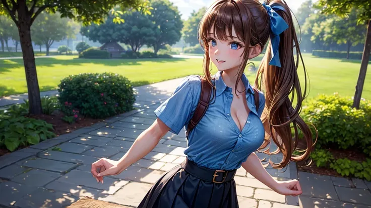 1girl, summer, trees, house, fantasy landscape, water, light brown hair, long hair, ponytail, large full breasts, dark blue eyes, ((blue pattern shirt)), ((short sleeved shirt)), ((unbuttoned shirt)), ((unbuttoning shirt)), (cleavage), ((skirt)), smile, la...