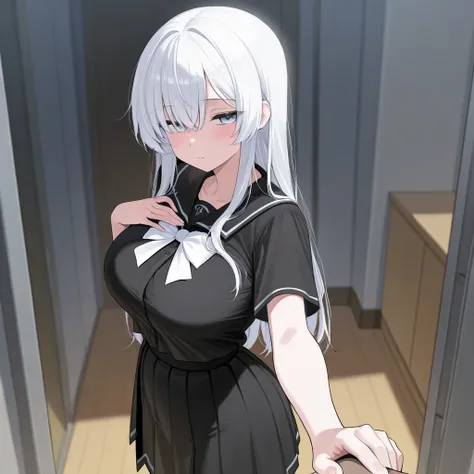 A white-haired girl with a blushed face, a hand on the chest, your big boobs and ass, wearing a black blouse and a short school uniform-style skirt. she is standing