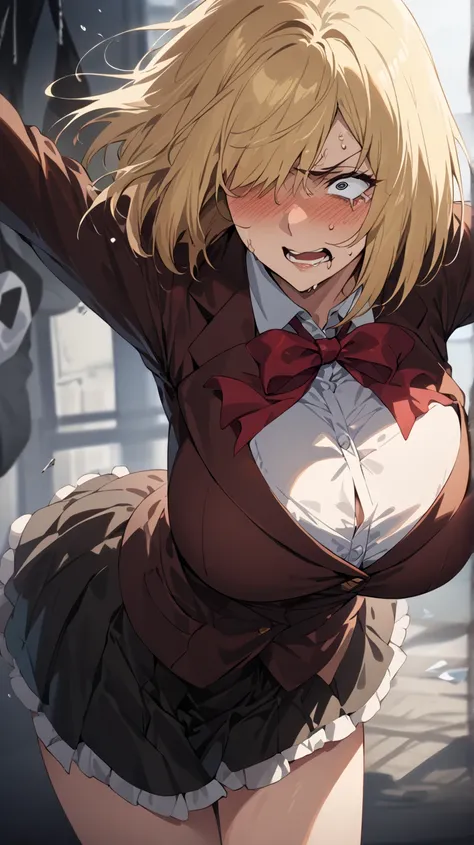  hanging eye，Gal High School Girl，short cut blonde，Bold clothes，It's hanging in a punching bag， big breasts，Being hit by a man，Pain， high resolution,  Masterpiece,  top quality,  high detail,  anatomically correct,  very detailed,  ultra high definition, 