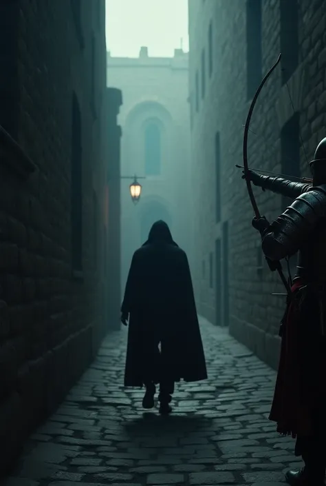 a stranger walking away unknowingly from a knight aiming a bow and arrow at them