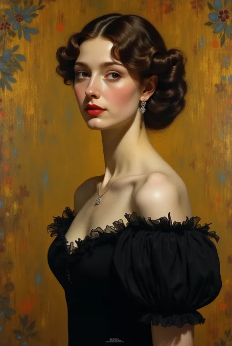 Realism painting , Legendary collaborative painting by William Bouguereau and Gustav Klimt、 bust shot、 A beautiful European woman is wearing a black dress.