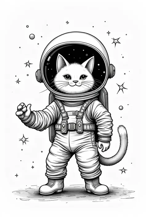 Create an image of an astronaut cat in outer space Thick lines without color the photo must be WHITE.