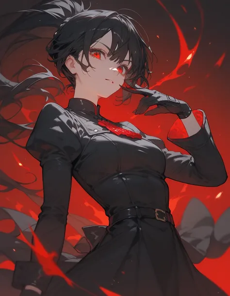 girl, black hair, thin hair, slightly white, in red eyes , pretty short hair , long ponytail, Evil , Black Dress with Long Sleeves Closure, Chestnut-sized,, the black long-sleeved shirt , Black Glove 