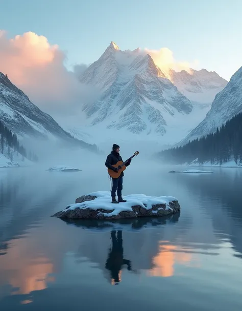 (Ultra-realistic, cinematic photography, dreamlike atmosphere, ethereal lighting, high detail, 8K resolution), a lone guitarist playing an acoustic guitar on a small, snow-covered rock island in the middle of a calm, reflective lake. The scene is set in a ...